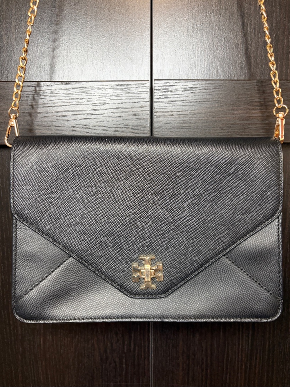 Tory Burch Black Saffiano Leather Crossbody with Gold Chain